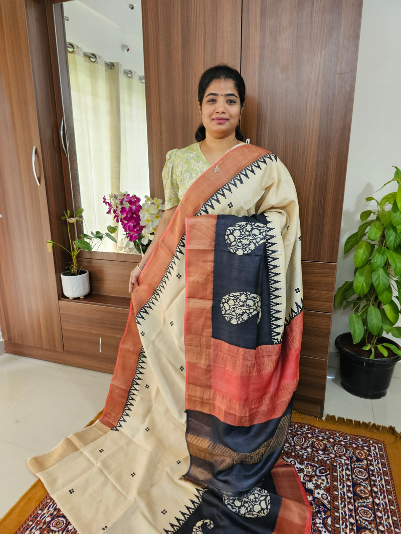 Cream with Pink Handwoven Tussar Silk Saree with Zari Border