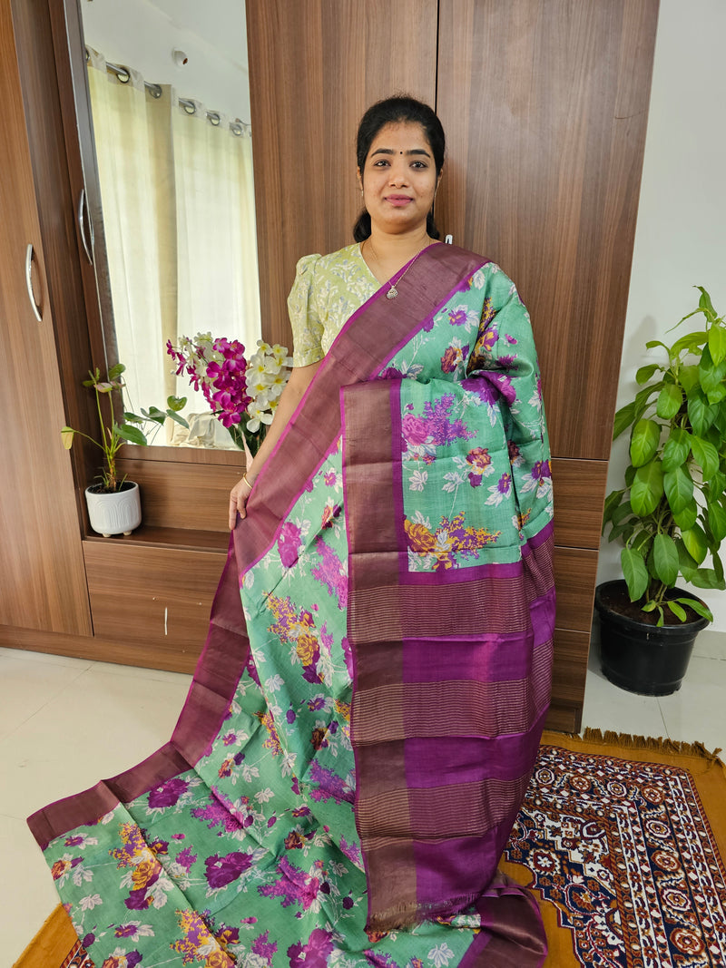 Olive Green with Magenta  Pink Handwoven Tussar Silk Saree with Zari Border