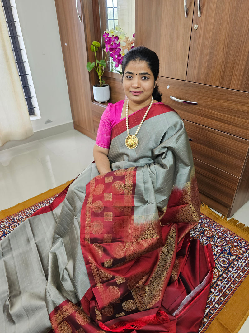 Classical Kanjivaram Pattern Pure Handloom Soft Silk Saree - Grey with Maroon