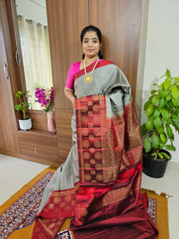 Classical Kanjivaram Pattern Pure Handloom Soft Silk Saree - Grey with Maroon