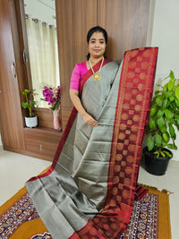 Classical Kanjivaram Pattern Pure Handloom Soft Silk Saree - Grey with Maroon