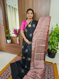 Classical Kanjivaram Pattern Pure Handloom Soft Silk Saree -  Black with Onion Pink