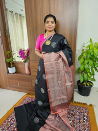 Classical Kanjivaram Pattern Pure Handloom Soft Silk Saree -  Black with Onion Pink