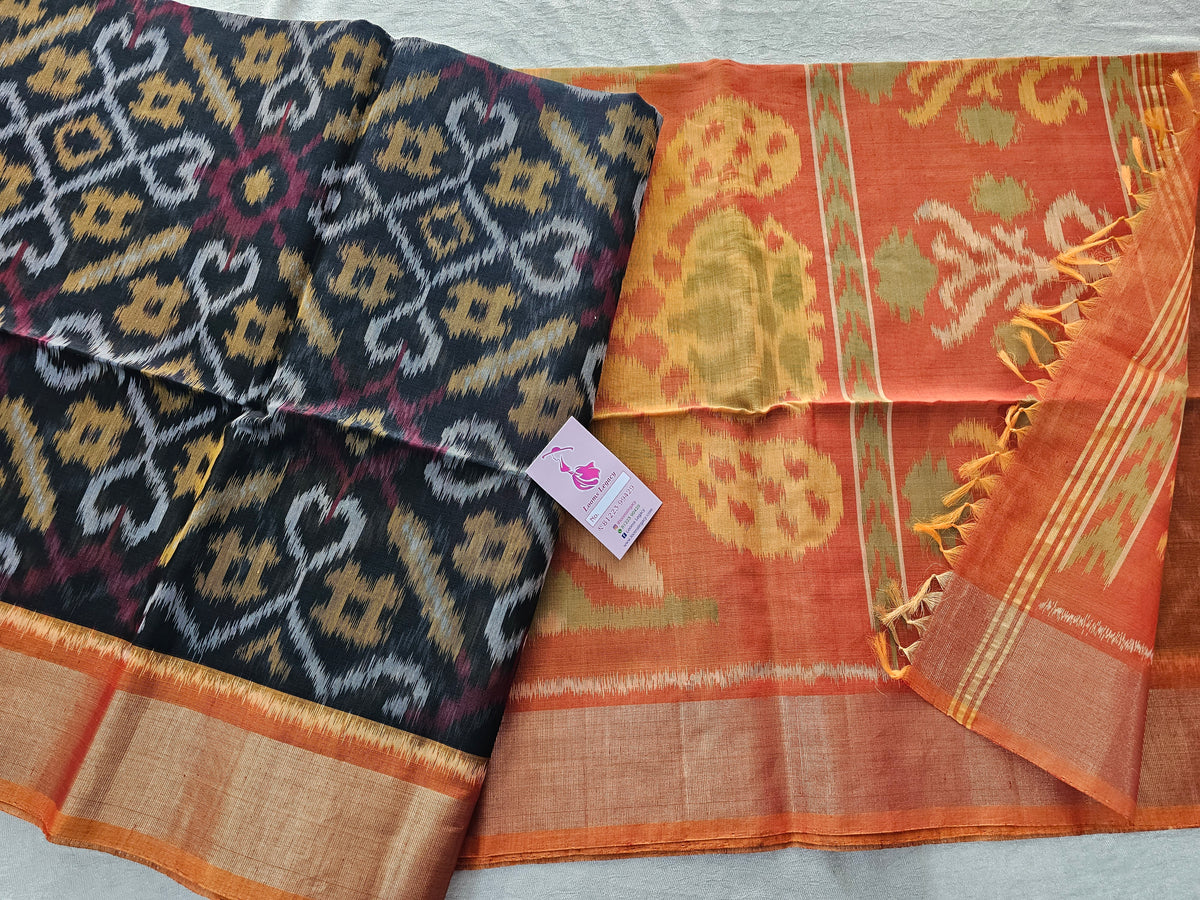 Black with Orangeo Pochampally Ikkat Silk Cotton (SICO Pattu)