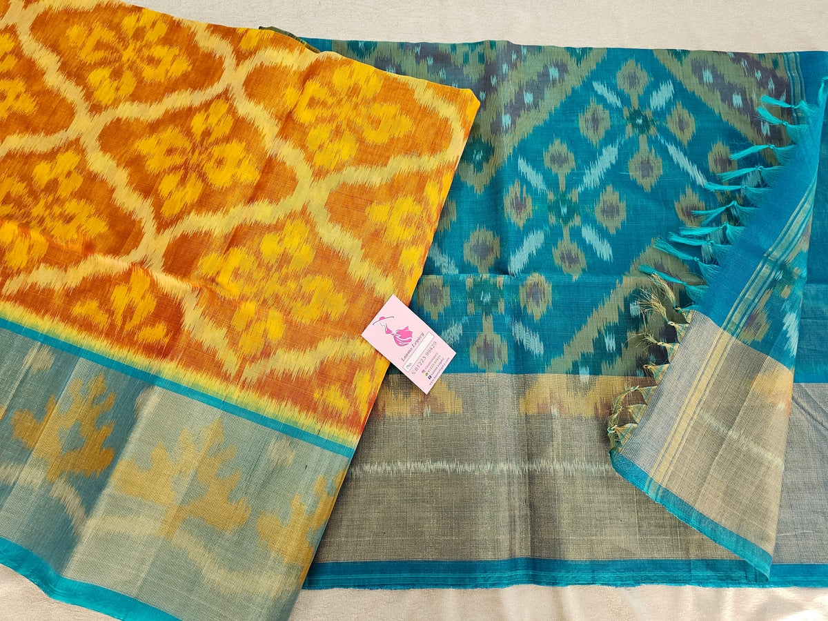 Orange with Blue Pochampally Ikkat Silk Cotton (SICO Pattu)