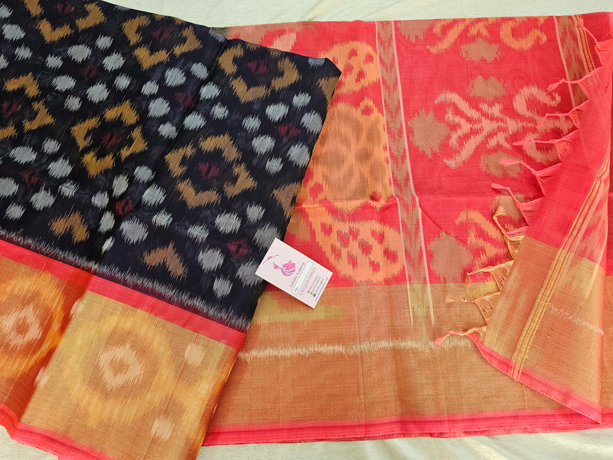Navy Blue with Dark Peach Pochampally Ikkat Silk Cotton (SICO Pattu)