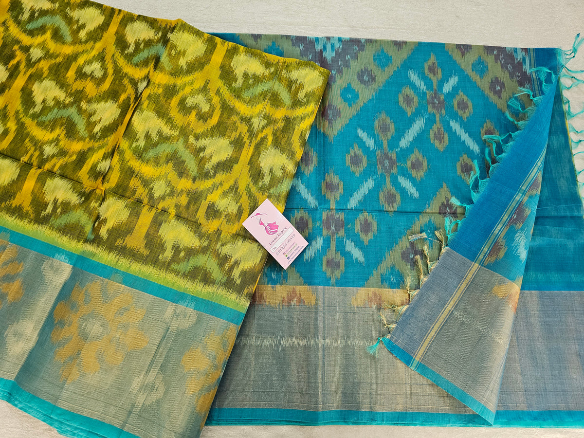 Mehndi Green with Blue Pochampally Ikkat Silk Cotton (SICO Pattu)