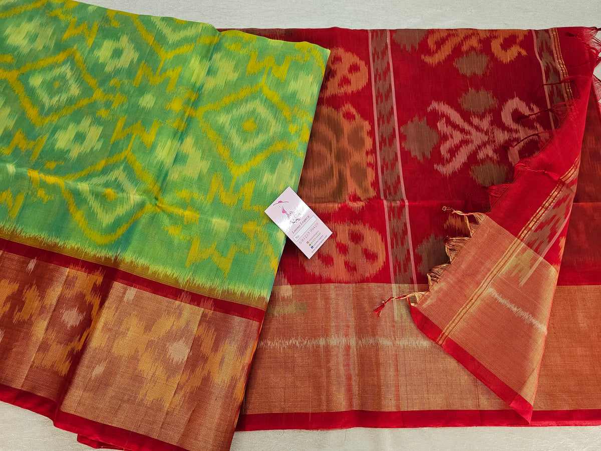 Sea Green with Red Pochampally Ikkat Silk Cotton (SICO Pattu)