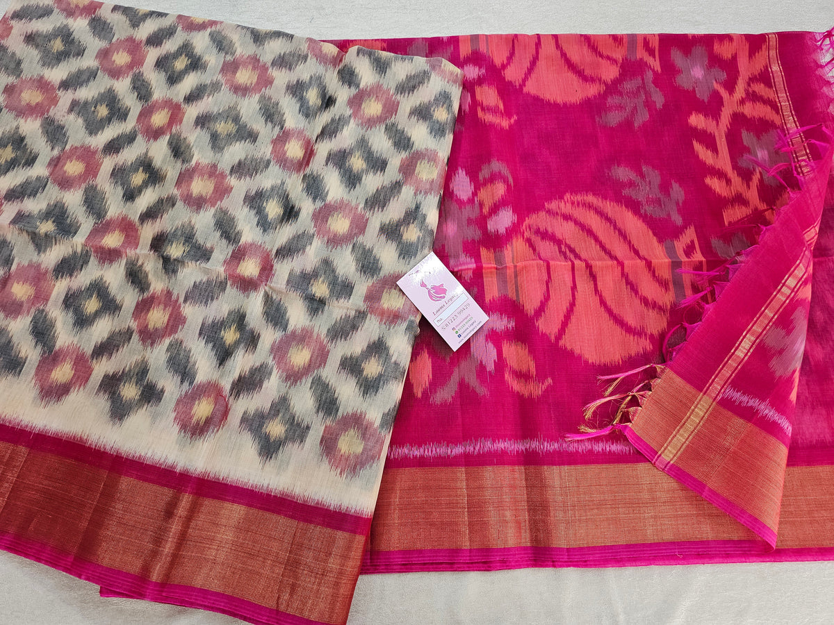 Cream  with Pink Pochampally Ikkat Silk Cotton (SICO Pattu)