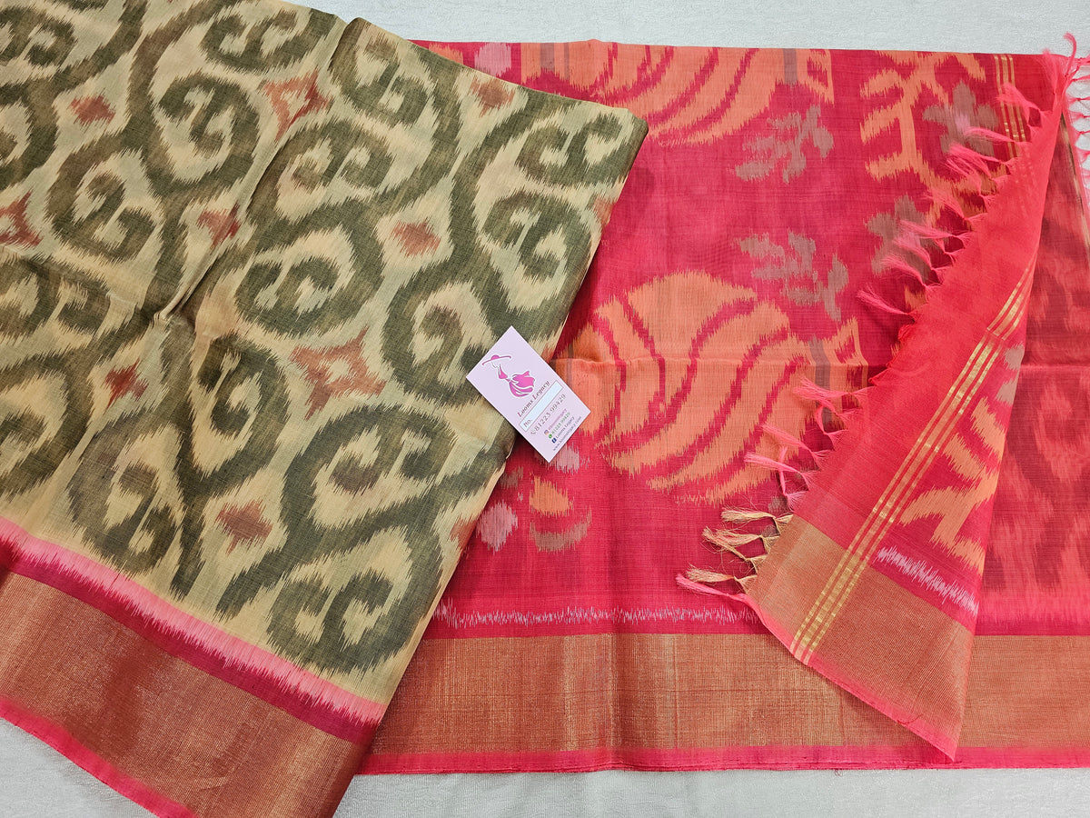 Brown Shade with Peach Pochampally Ikkat Silk Cotton (SICO Pattu)