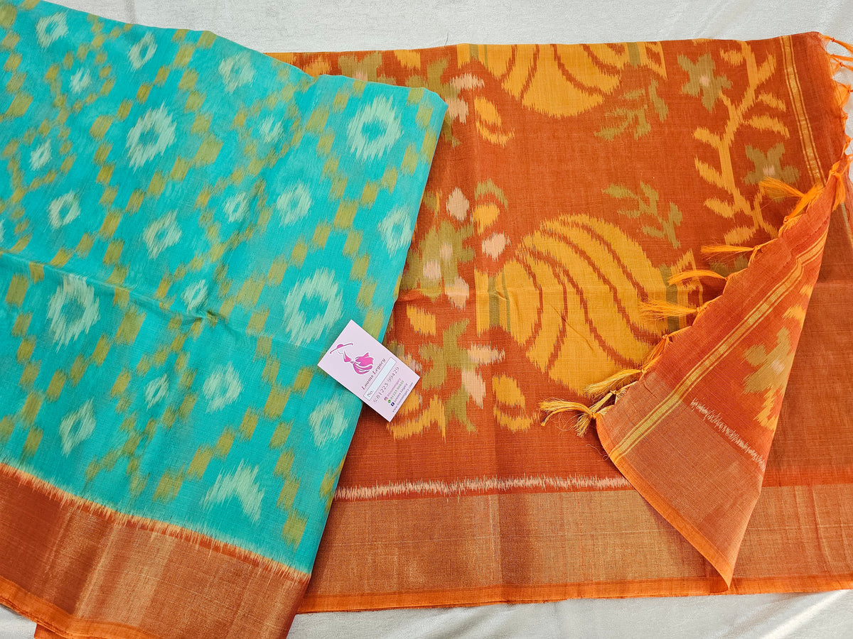 Sea Blue with Orange Shade Pochampally Ikkat Silk Cotton (SICO Pattu)