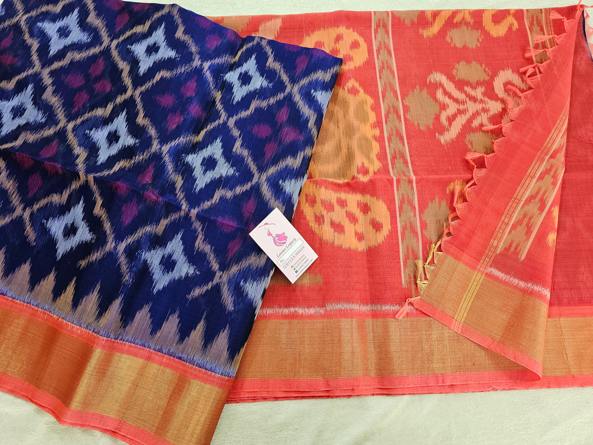 Navy Blue with Peach Pochampally Ikkat Silk Cotton (SICO Pattu)