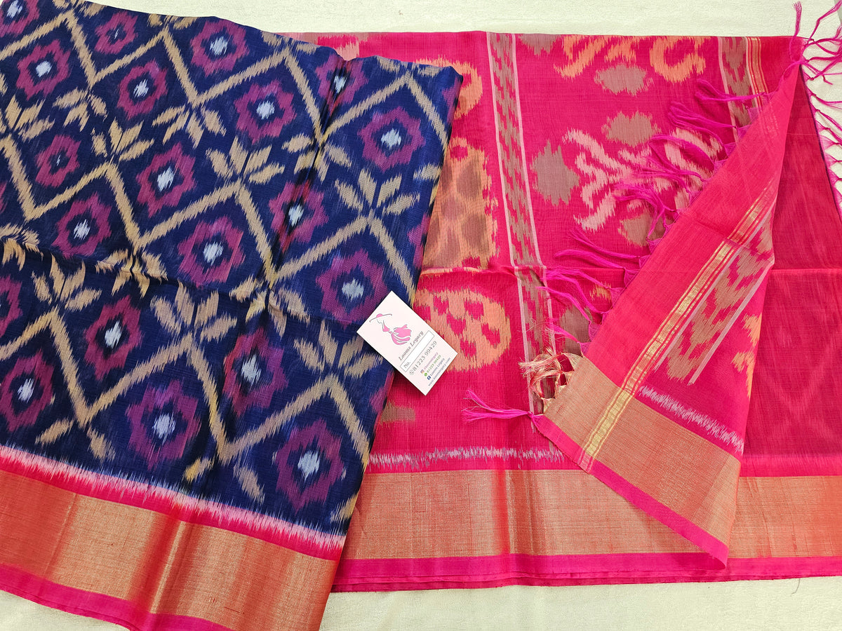 Navy Blue with Pink Pochampally Ikkat Silk Cotton (SICO Pattu)