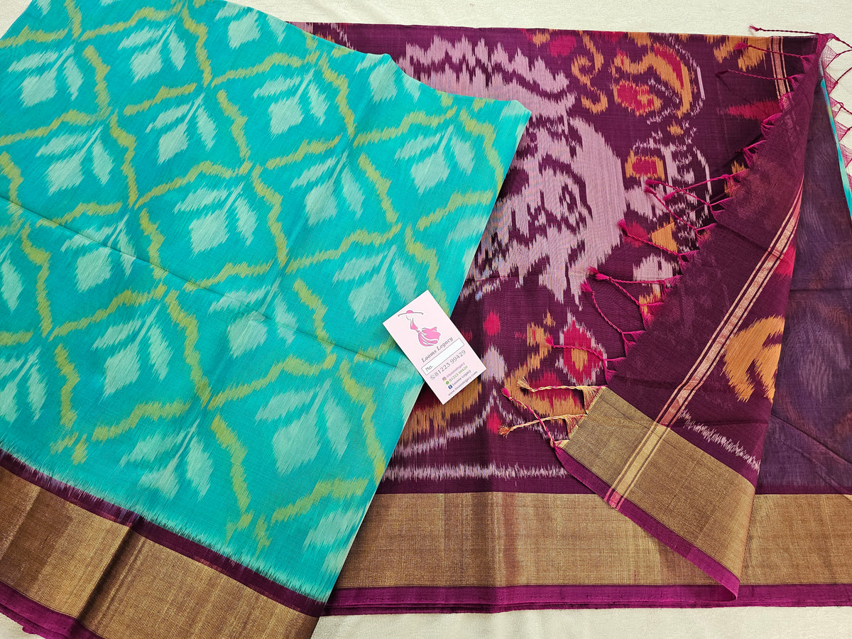 Blue with Purple Pochampally Ikkat Silk Cotton (SICO Pattu)