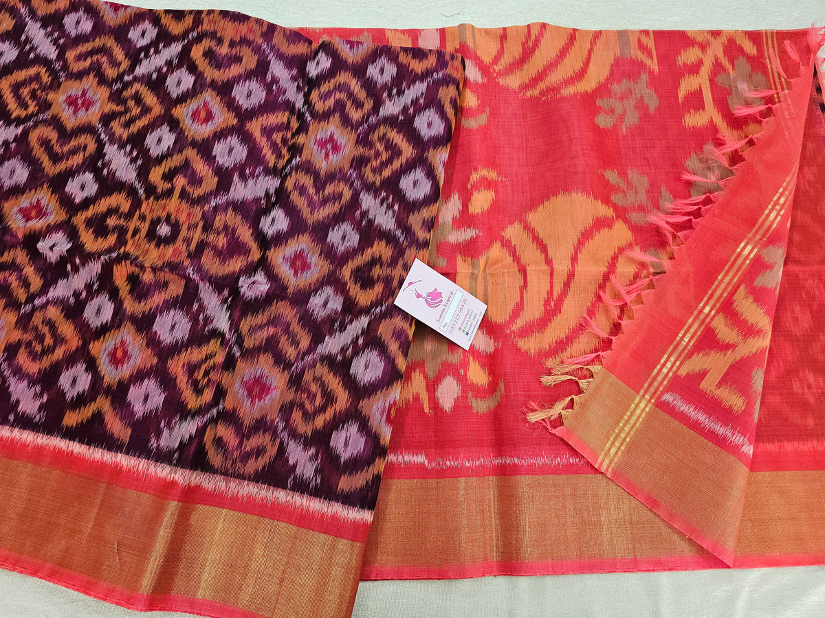 Purple with Dark Peach Pochampally Ikkat Silk Cotton (SICO Pattu)