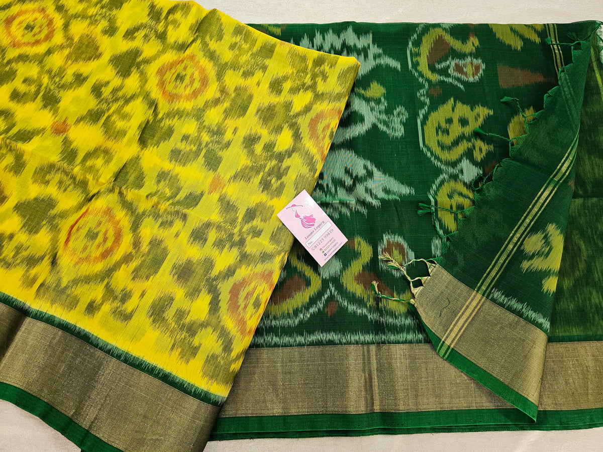 Yellow with Bottle Green Pochampally Ikkat Silk Cotton (SICO Pattu)