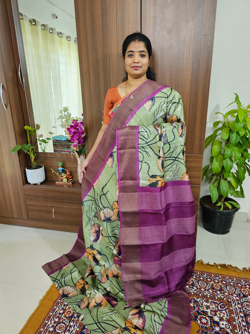 Green with Purple Handwoven Tussar Silk Saree with Zari Border