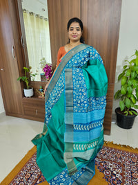 Sea Green with Blue Handwoven Tussar Silk Saree with Zari Border