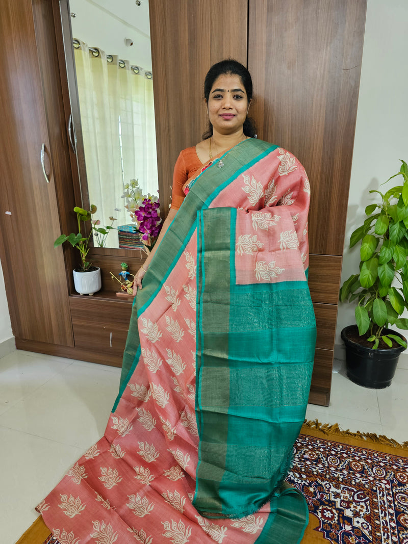 Peachish Pink with Sea Green Handwoven Tussar Silk Saree with Zari Border