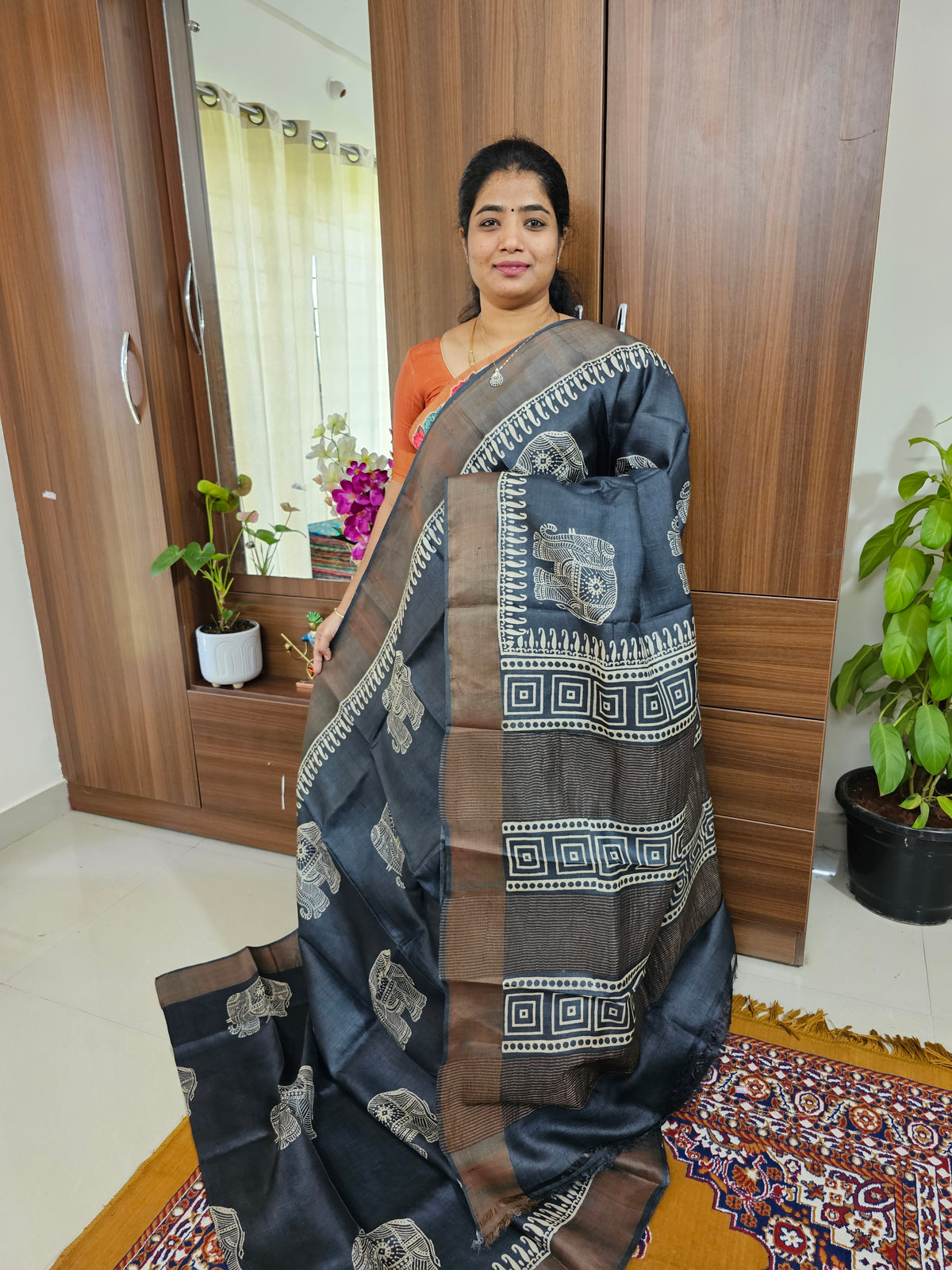 Grey with Off-White Elephant Hand Block Print Pure Handwoven Tussar Silk Saree with Zari Border