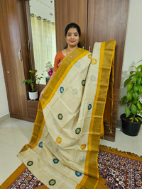 Cream with Yellow Floral Pattern Handwoven Tussar Silk Saree with Zari Border