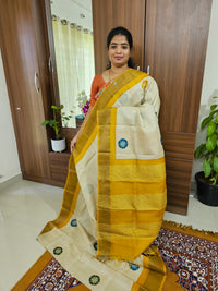 Cream with Yellow Floral Pattern Handwoven Tussar Silk Saree with Zari Border