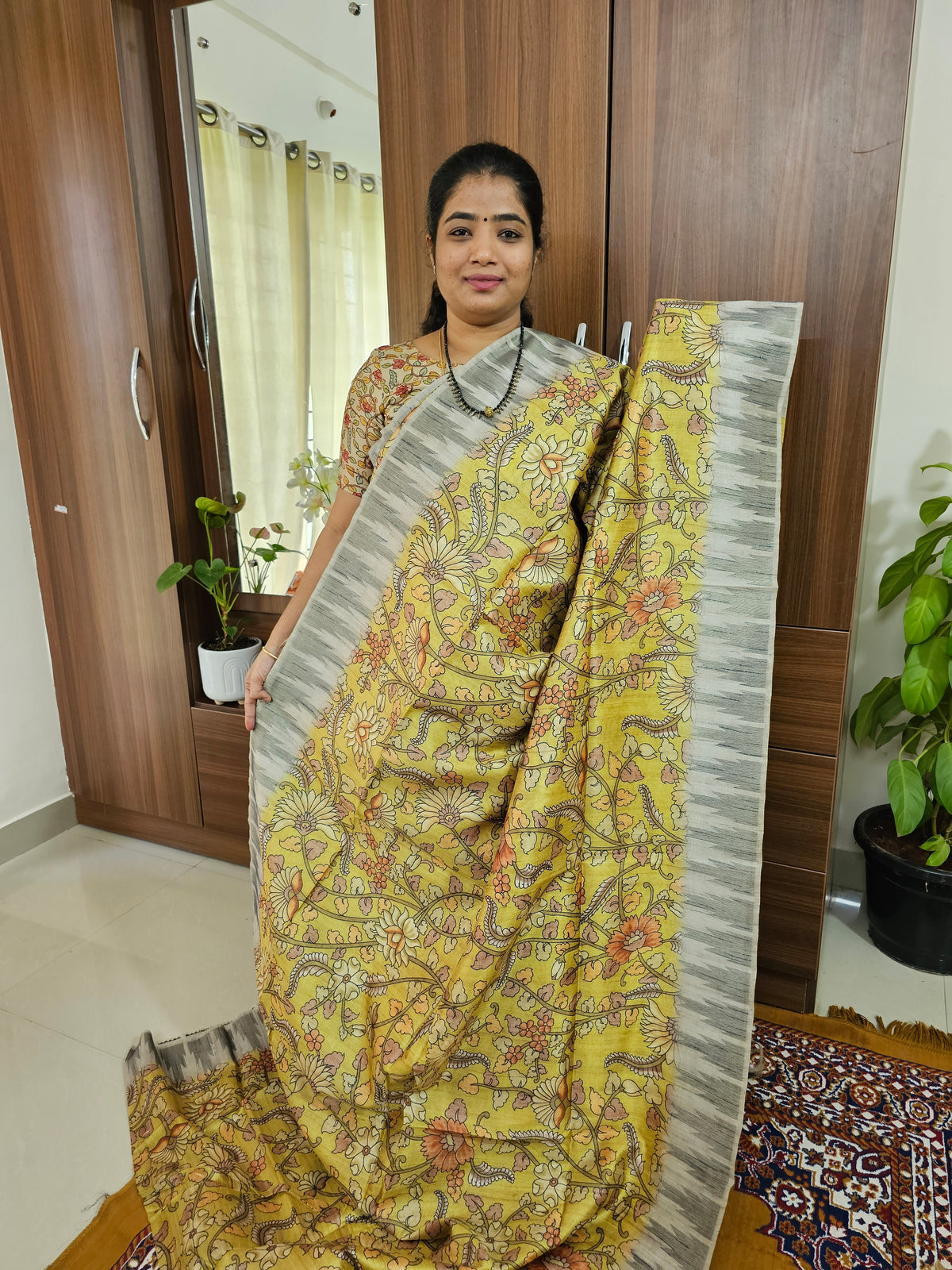 Semi Matka Tussar Digital Prints with Temple Weaving  Border - Yellow