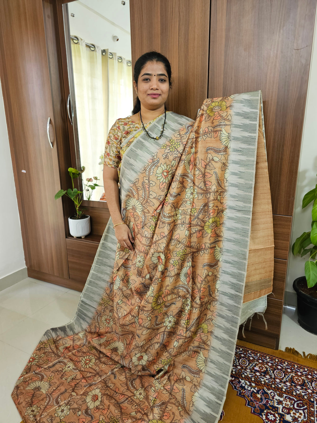 Semi Matka Tussar Digital Prints with Temple Weaving  Border - Brown