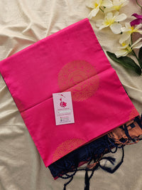 Pink with Blue Copper Zari Woven Border Semi Soft Silk Saree