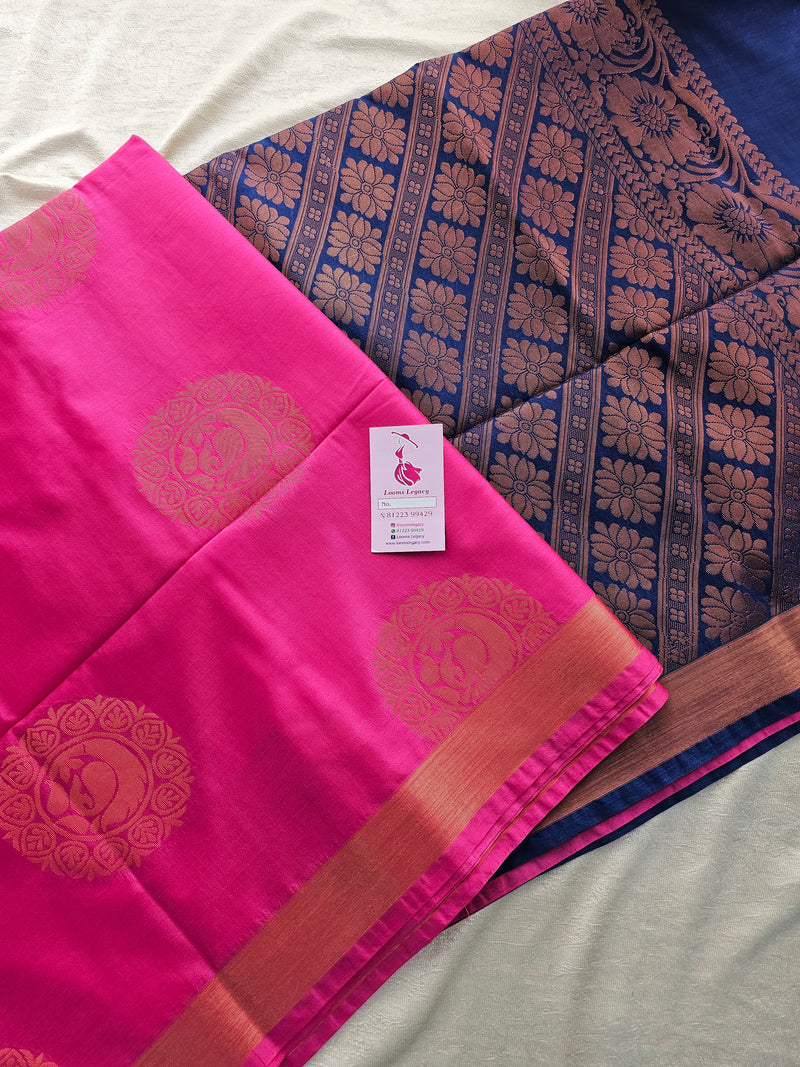 Pink with Blue Copper Zari Woven Border Semi Soft Silk Saree