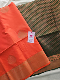 Dark Peach with Sea Green Copper Zari Woven Border Semi Soft Silk Saree