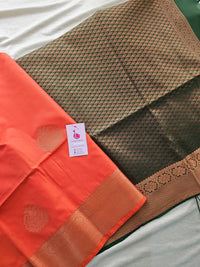 Dark Peach with Sea Green Copper Zari Woven Border Semi Soft Silk Saree