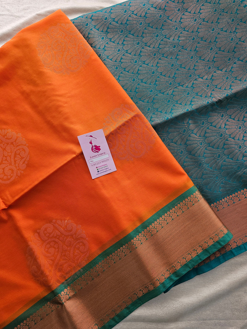 Orange with Sea Green Copper Zari Woven Border Semi Soft Silk Saree