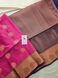 Pink with Blue Copper Zari Woven Border Semi Soft Silk Saree