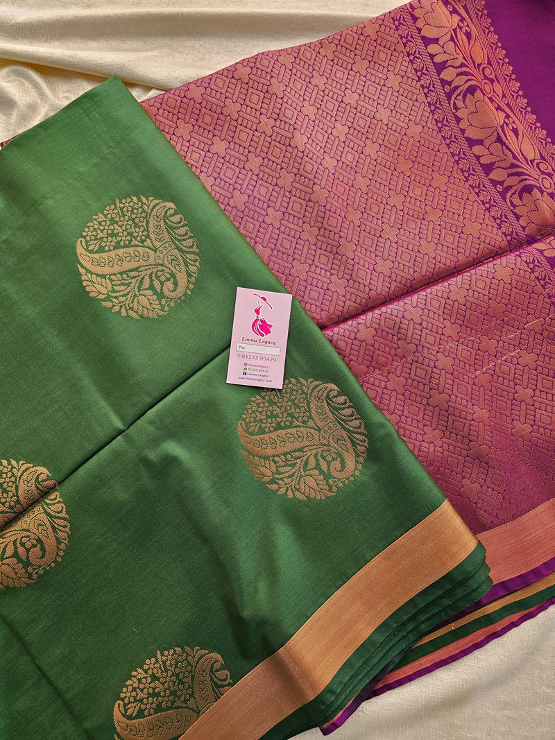 Green with Purple Copper Zari Woven Border Semi Soft Silk Saree