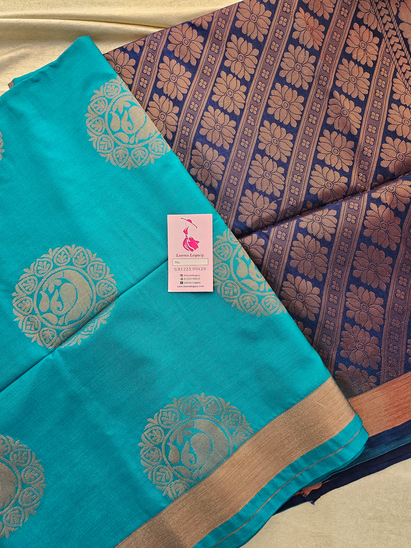 Sea Blue with Navy Blue  Copper Zari Woven Border Semi Soft Silk Saree