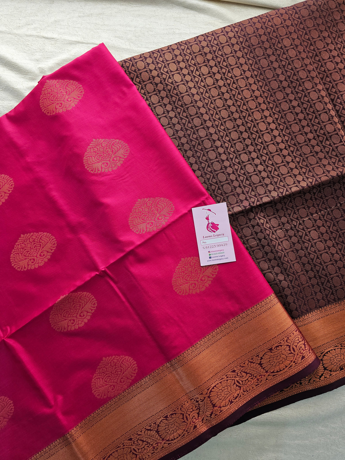 Pink with Brown Copper Zari Woven Border Semi Soft Silk Saree