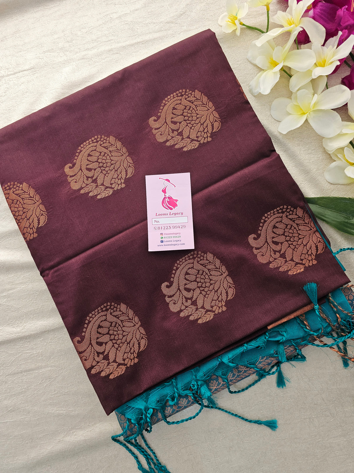 Brown with Sea Green Copper Zari Woven Border Semi Soft Silk Saree