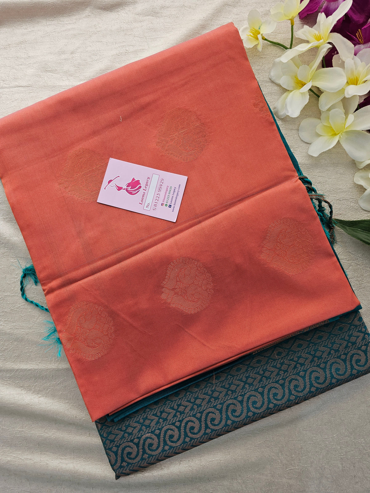 Dark Peach with Sea Green Copper Zari Woven Border Semi Soft Silk Saree