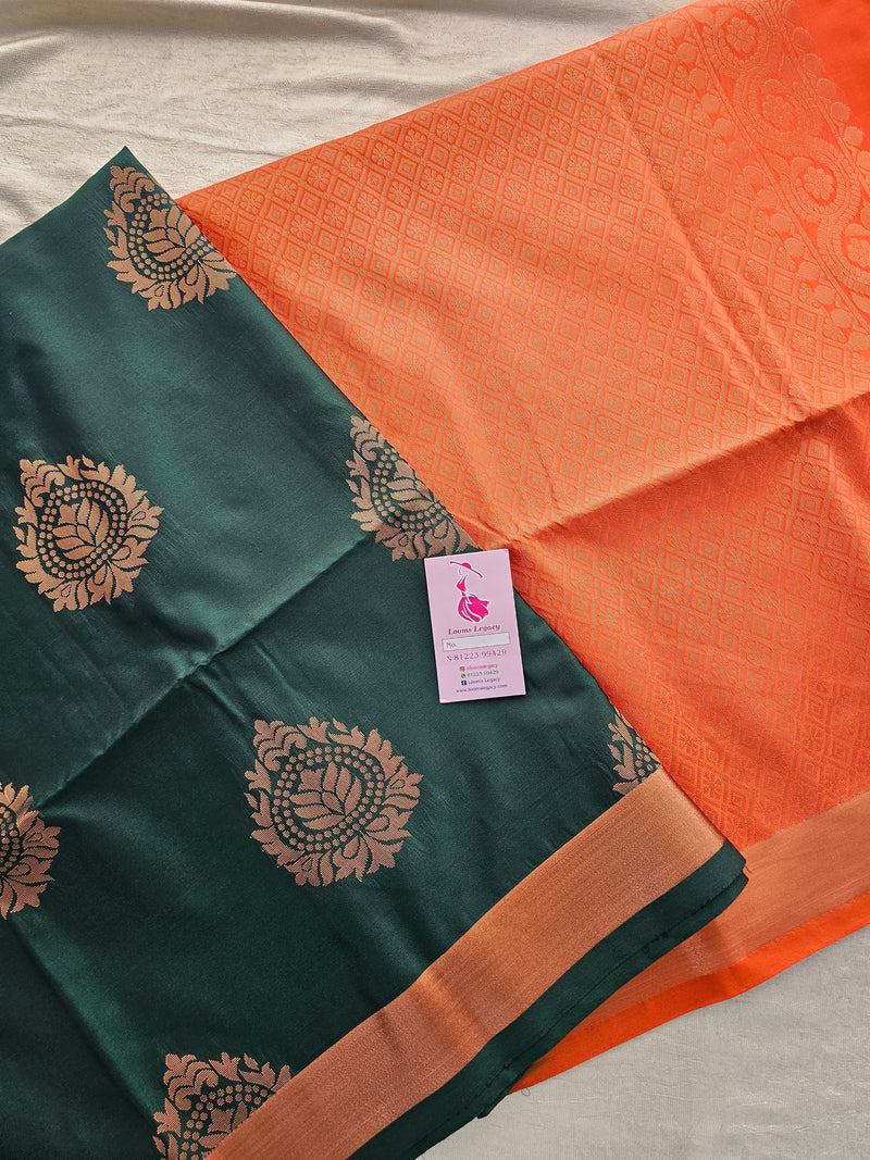 Bottle Green with Orange Copper Zari Woven Border Semi Soft Silk Saree