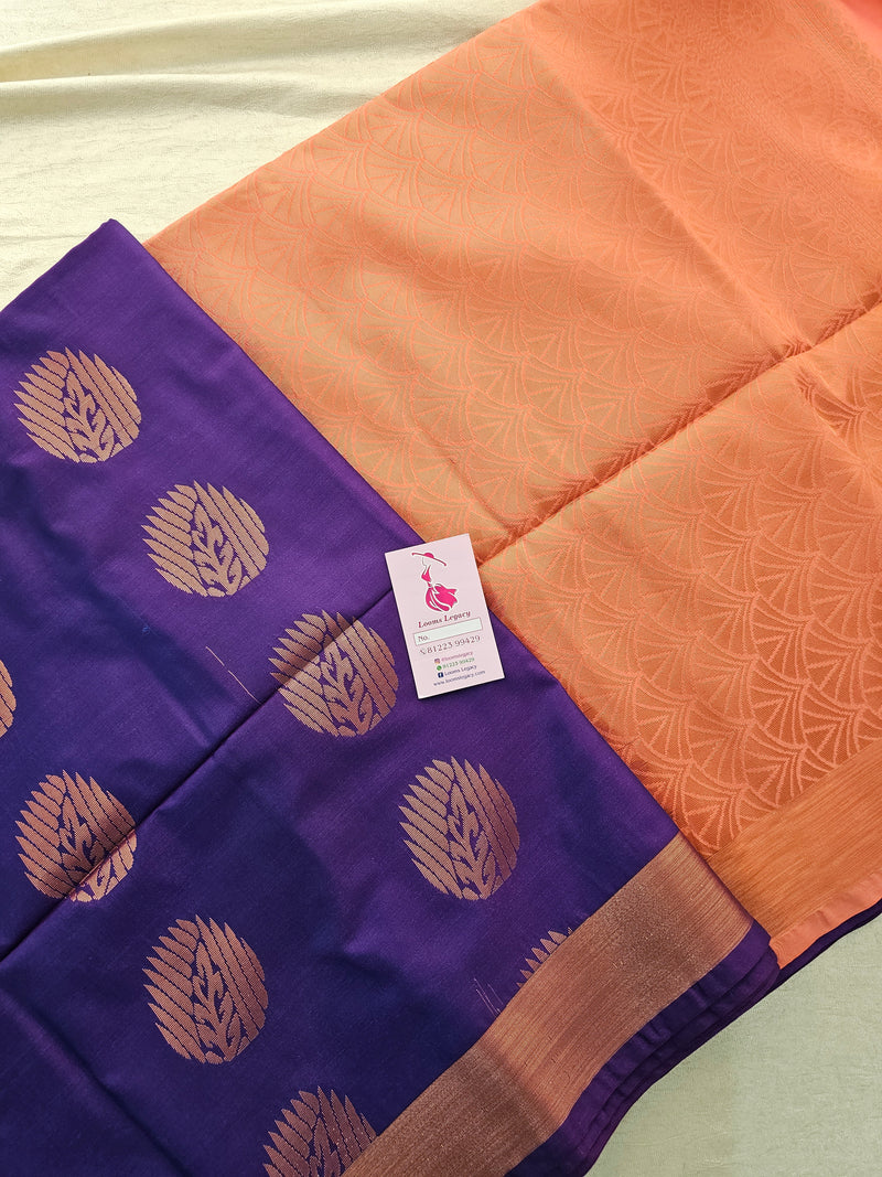 Purple with Peach Copper Zari Woven Border Semi Soft Silk Saree