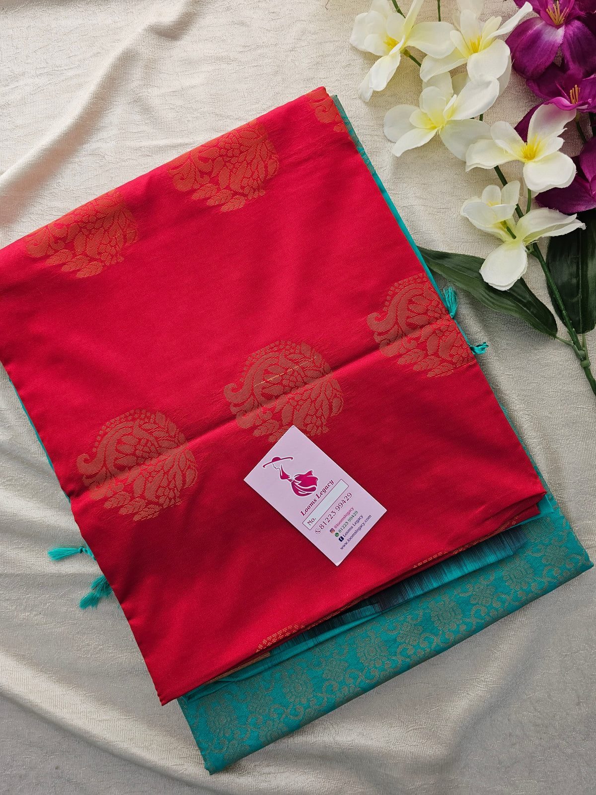 Red with Sea Green Copper Zari Woven Border Semi Soft Silk Saree