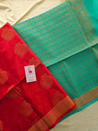 Red with Sea Green Copper Zari Woven Border Semi Soft Silk Saree