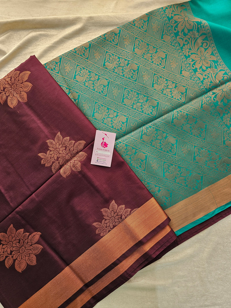 Brown with Sea Green Copper Zari Woven Border Semi Soft Silk Saree