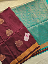 Brown with Sea Green Copper Zari Woven Border Semi Soft Silk Saree