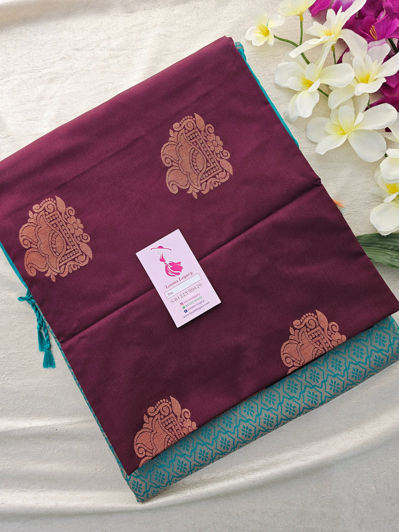 Brown with Sea Green Copper Zari Woven Border Semi Soft Silk Saree