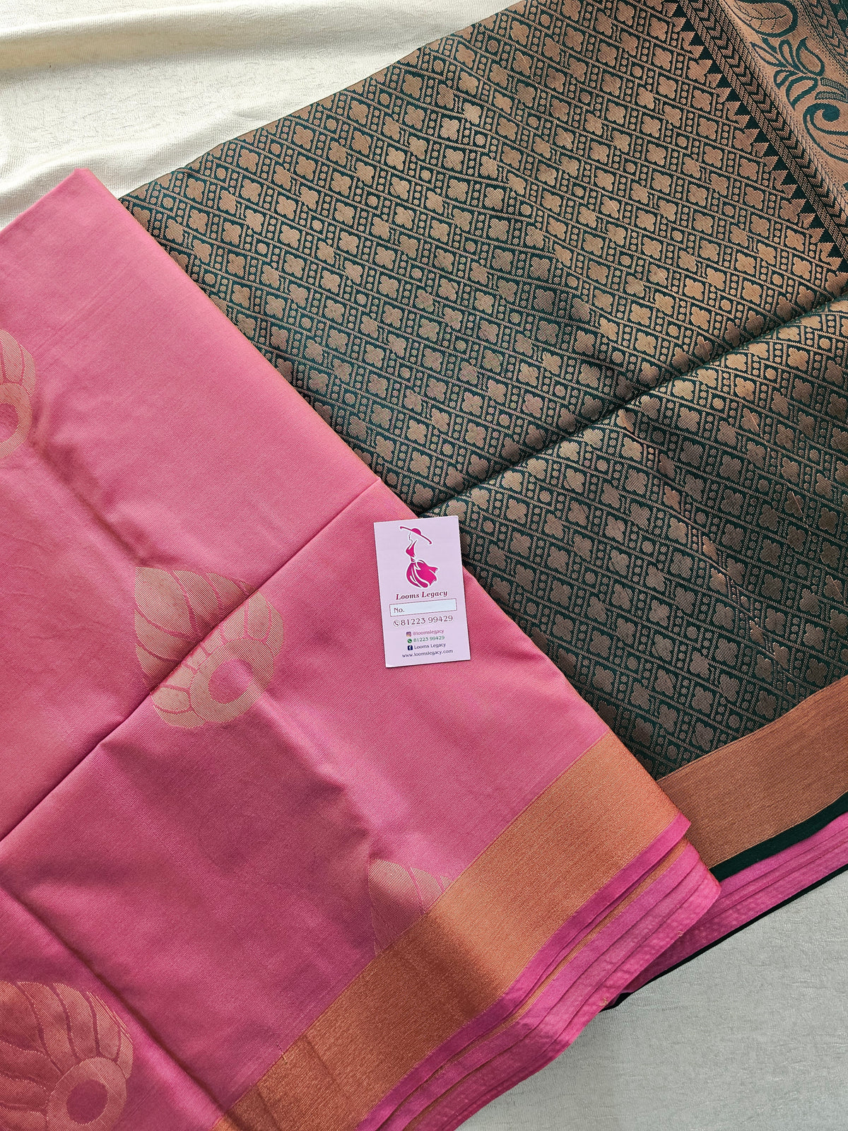 Pink with Bottle Green Copper Zari Woven Border Semi Soft Silk Saree