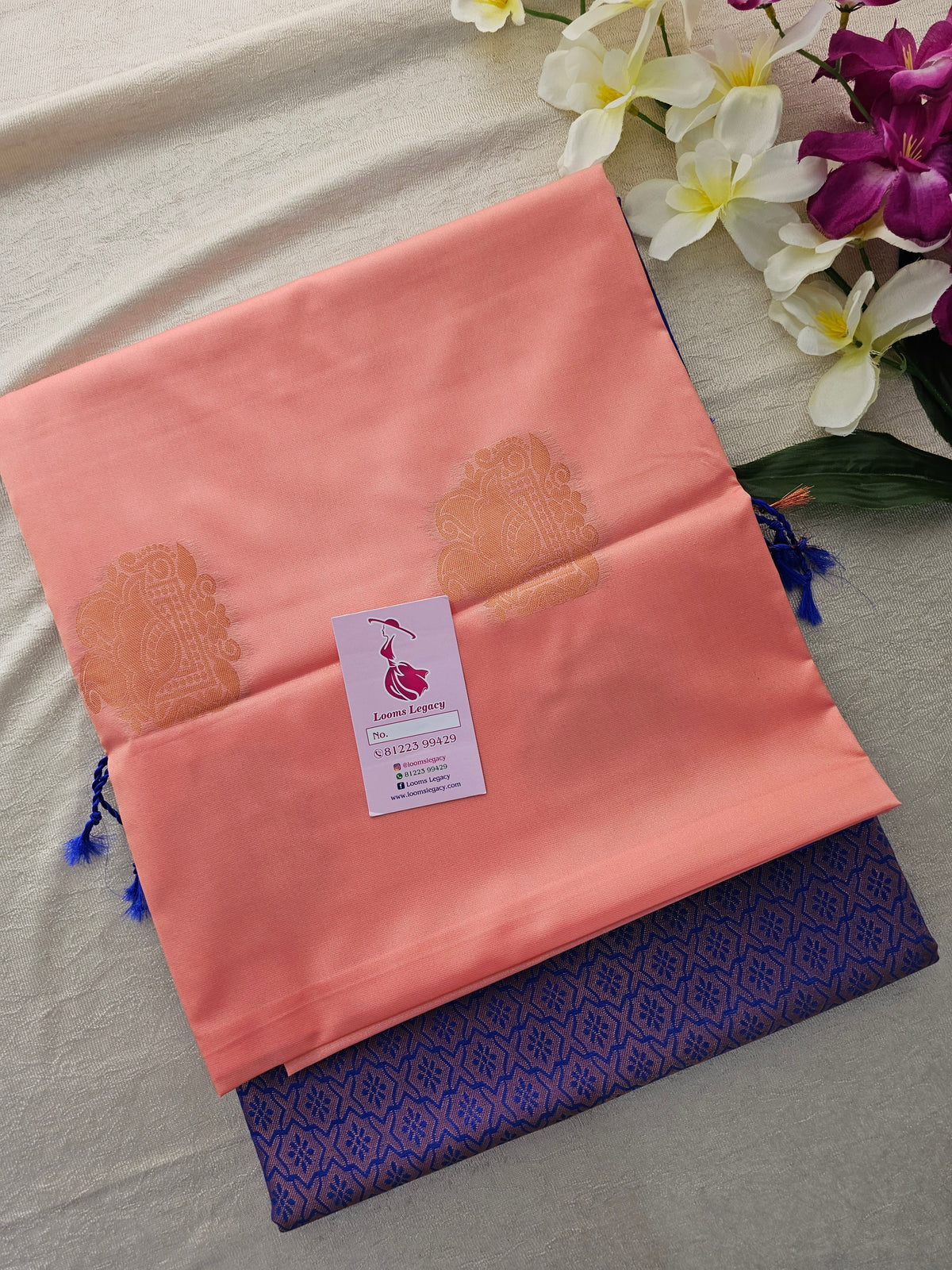 Peach with Blue Copper Zari Woven Border Semi Soft Silk Saree