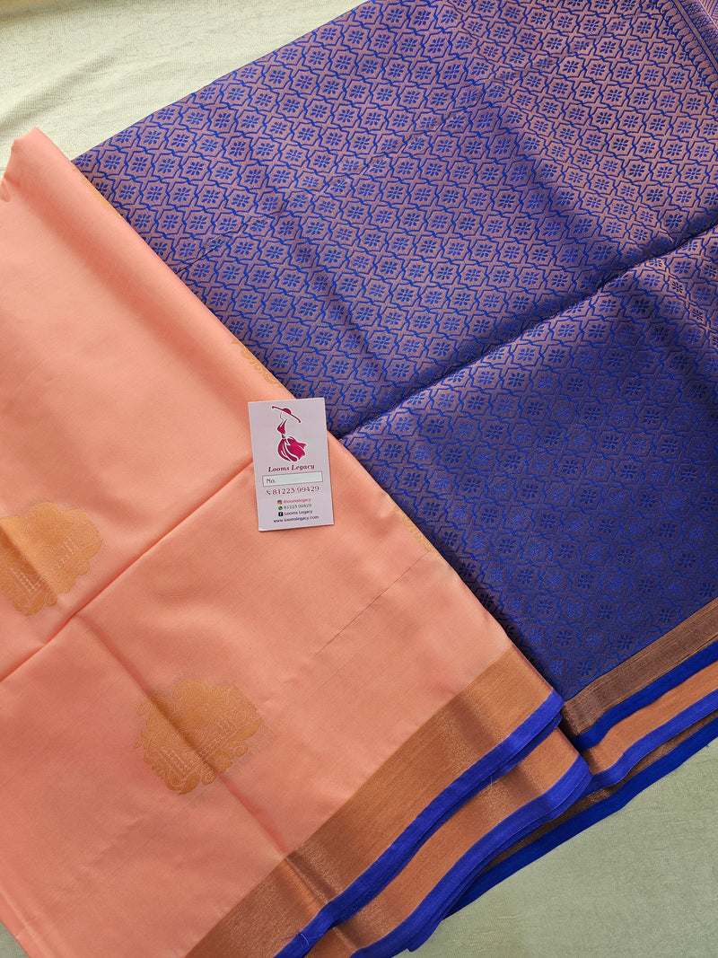 Peach with Blue Copper Zari Woven Border Semi Soft Silk Saree