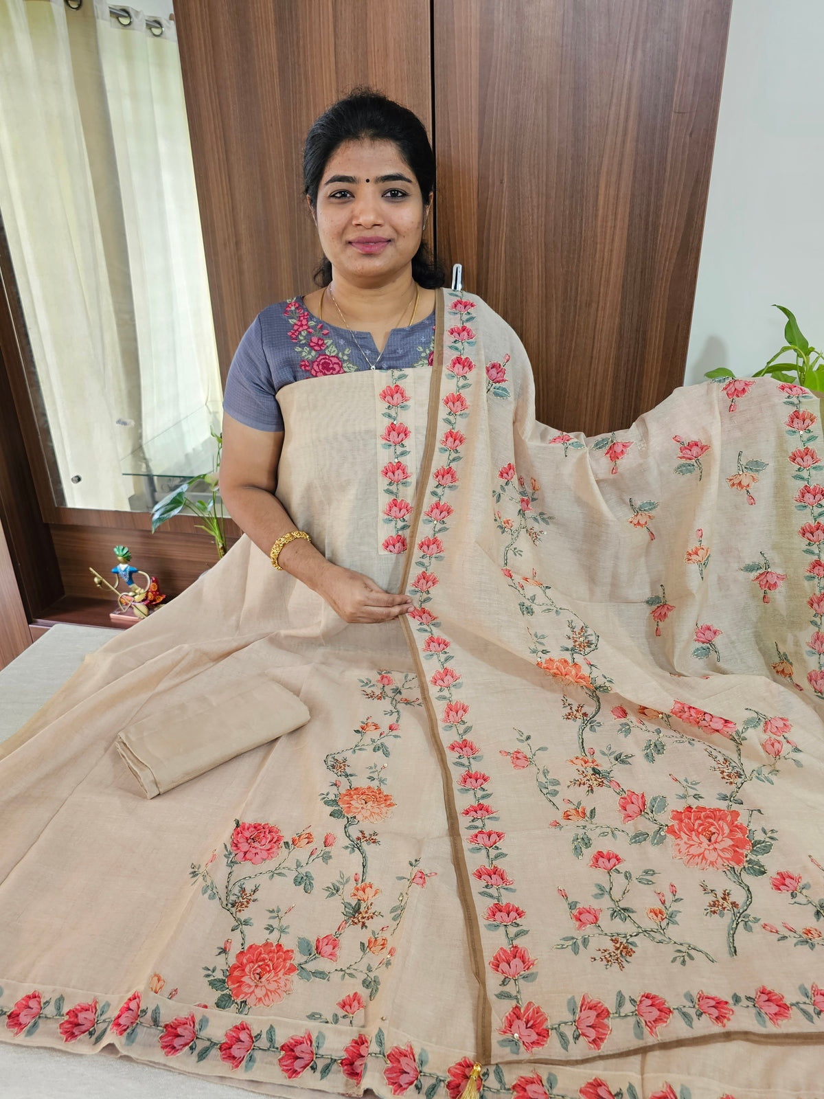 Chanderi Kantha Embroidery Unstitched Salwar Suit - Beige Shade